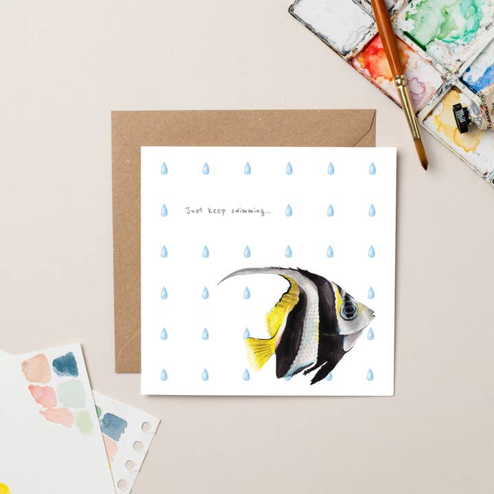 Just Keep Swimming Fish card for wholesale by lil wabbit