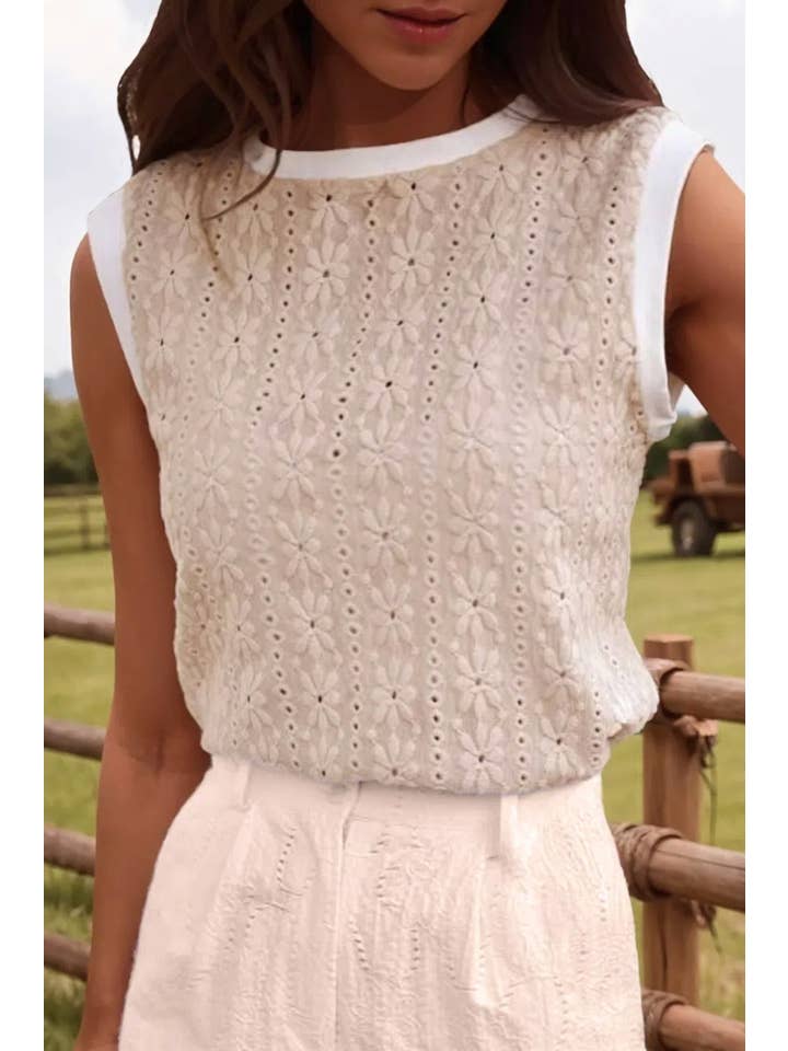 As shown Fashion-W Floral Textured Crew Neck Tank Top for wholesale on Faire