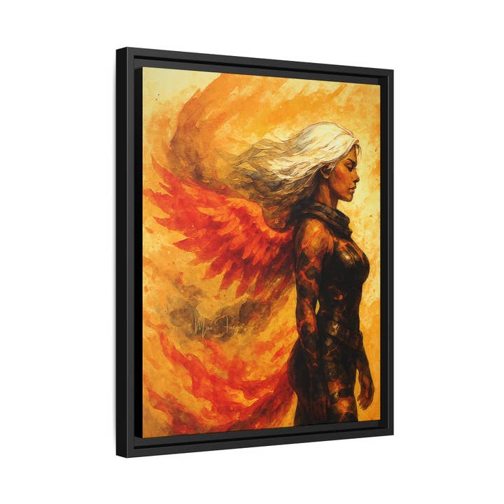 54 Mondays™ Project | Phoenix Ascendant – Beverly Hills Edition | Fire-Wing Warrior Portrait | Cosmic Noir Wall Art | Limited Gold Max Fuega™ Signature | FSC-Certified Framed Matte Canvas for wholesale by Buy Martian Merch™