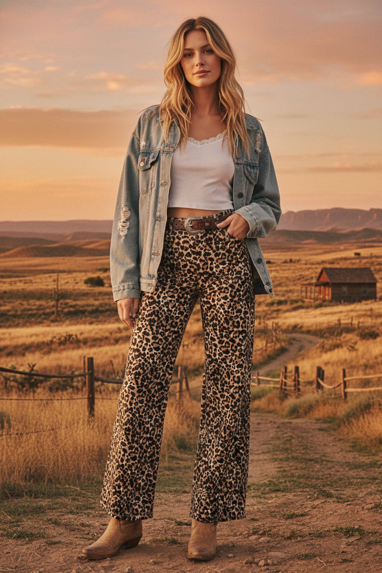 BROWN Stretch Twill Leopard Wide Leg Pants for wholesale on Faire0