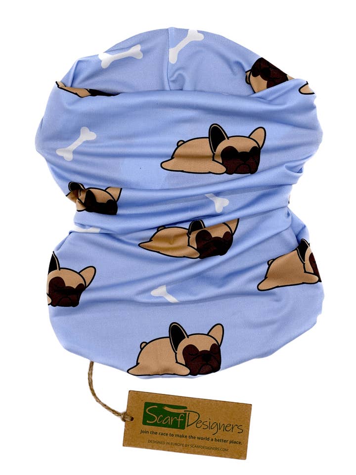 Bandana from recycled polyester with French Bulldog pattern in blue for wholesale by Scarf Designers