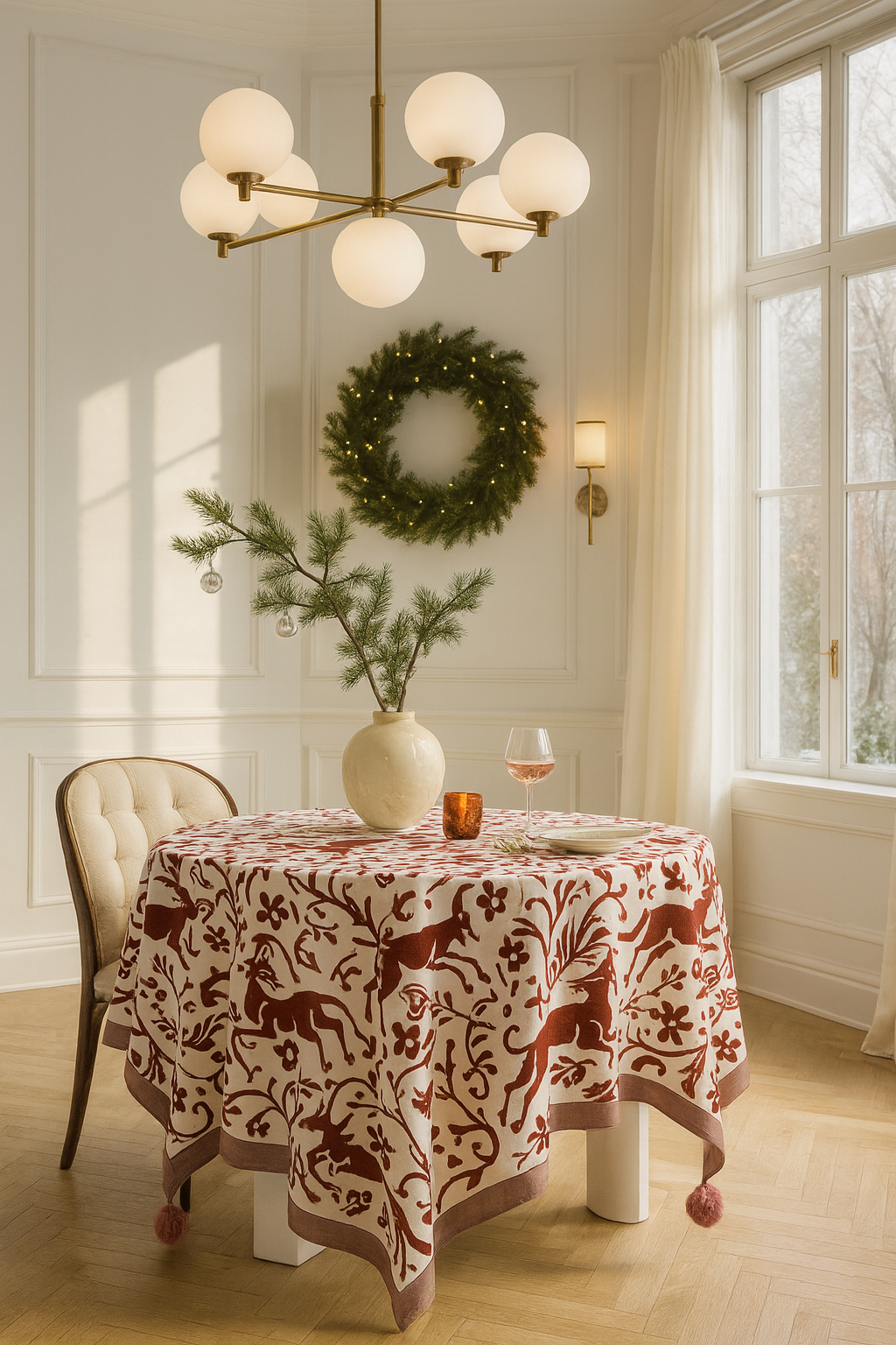 Fennco Styles – wholesale Duk – Röd-White Deer Holiday Bordsduk med Pom-Poms3