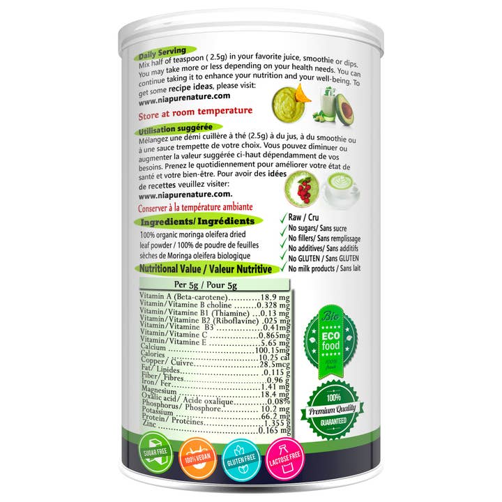 Nia Pure Nature Inc. - Vente Poudres protéinées/superaliments - Poudre de Moringa Bio - 227gr2