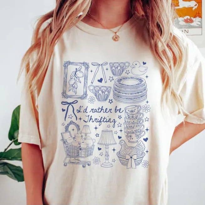 New Rather be thrifting Ivory Collage Comfort C Graphic Tee for wholesale by Fox and Owl Apparel-Graphic Tee's