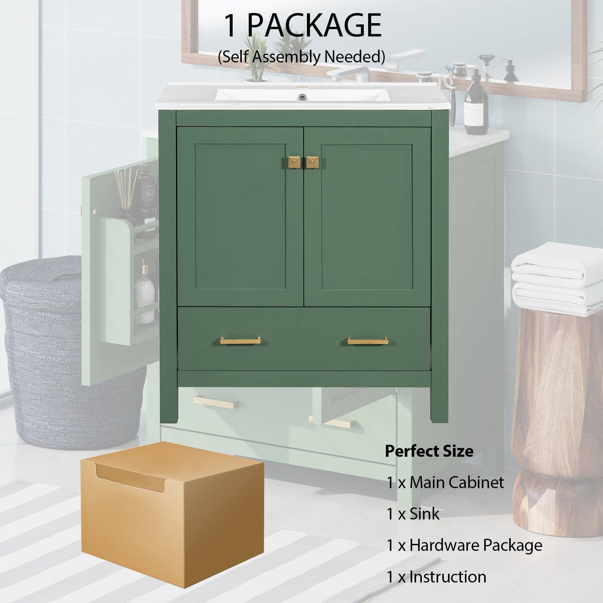 Orange County Decor - Wholesale Cabinet - 30 Inch Green Bathroom Vanity With Single Sink, Combination Under Counter Sink, Bathroom Storage Cabinet With 2 Doors And A Drawer, Soft Closure, Multifunctional Storage Wf324043 Green Bathroom7