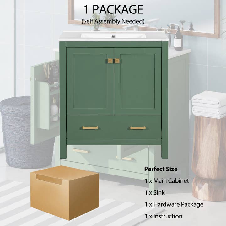 Orange County Decor - Wholesale Cabinet - 30 Inch Green Bathroom Vanity With Single Sink, Combination Under Counter Sink, Bathroom Storage Cabinet With 2 Doors And A Drawer, Soft Closure, Multifunctional Storage Wf324043 Green Bathroom7