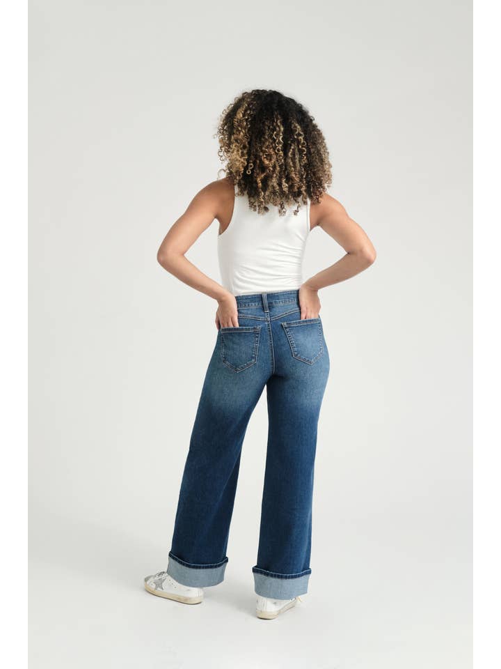 1822 Denim - Wholesale Jeans - Women's - Petite 29” Slim Wide Leg Jean w/ Cuff Hem in Pacific