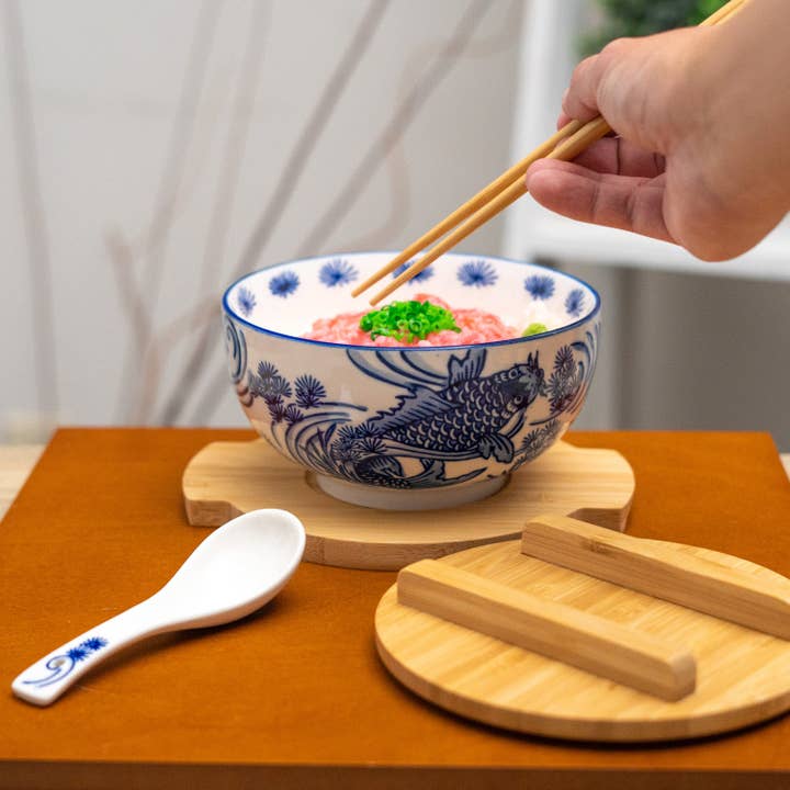 Urban Tokyo - Wholesale Serve Bowl - Koi Fish 28oz 6"D Bowl With Chopsticks, Spoon Bamboo Lid and Trivet Set (1/8)4