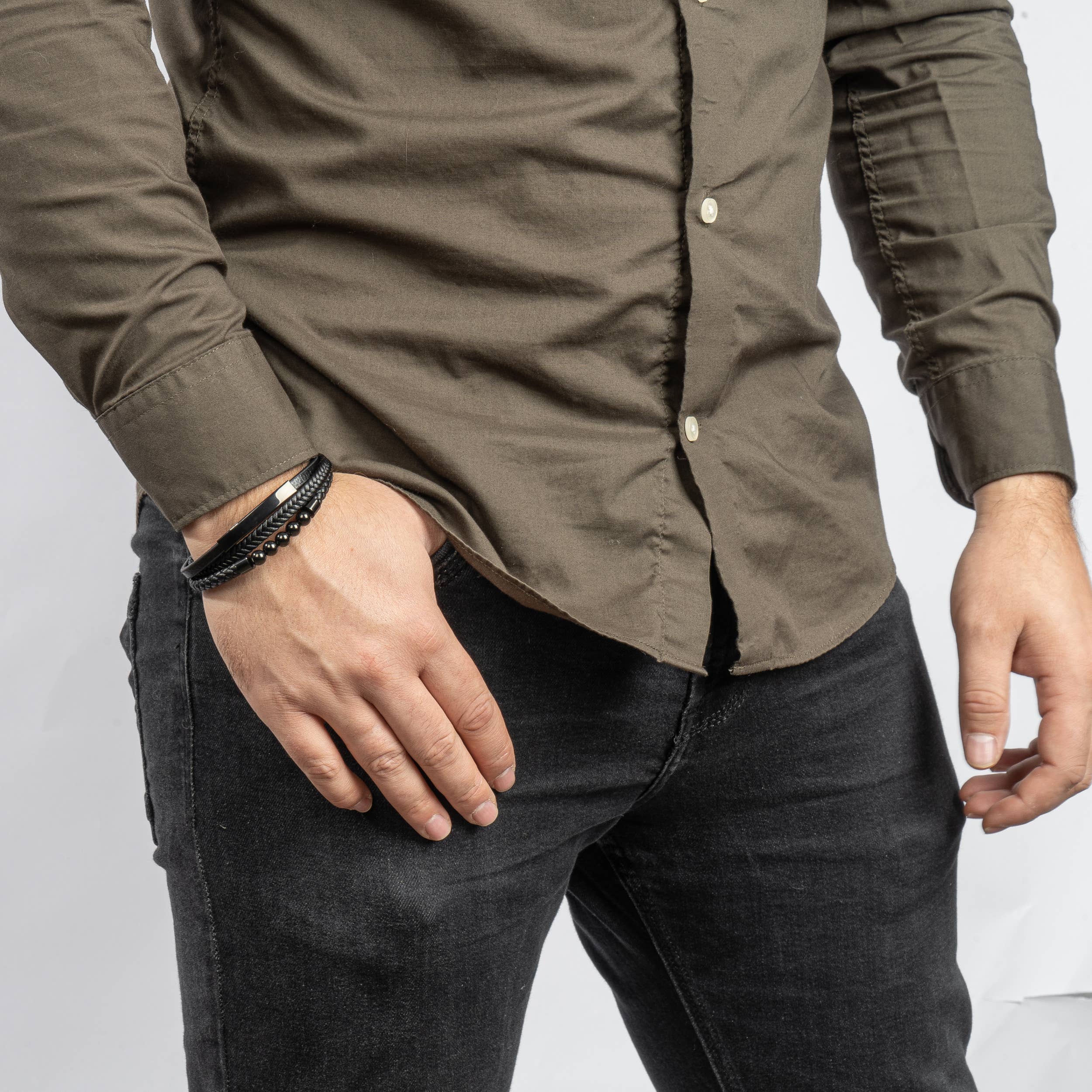 SERASAR - Venta al por mayor Pulseras tejidas/trenzadas - Pulsera de cuero «Perla» - negro - B0362