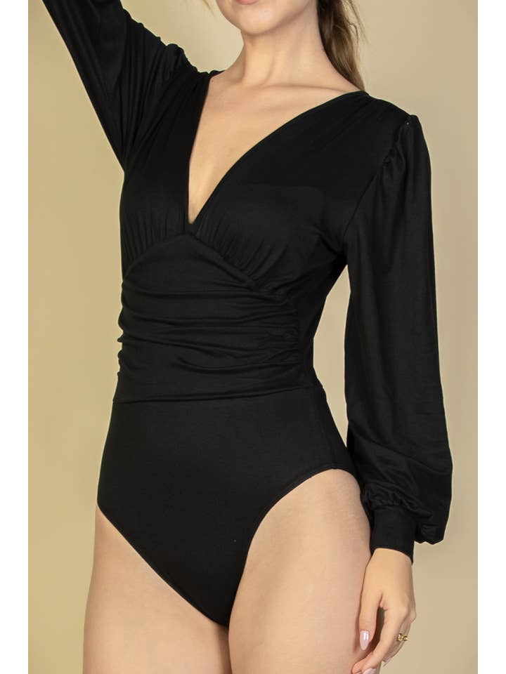 CAPELLA APPAREL - Wholesale Bodysuit - Women's - Plunge Neck Peasant Sleeve Bodysuit
