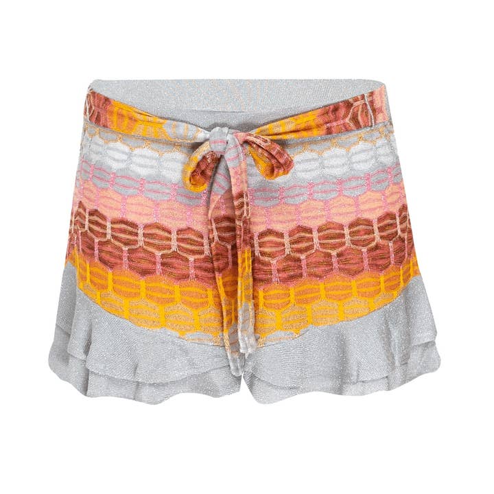 STRIPED FRILL SHORTS IN HONEYCOMB KNIT WITH TIE BELT for wholesale by Ruth Erotokritou Knitwear