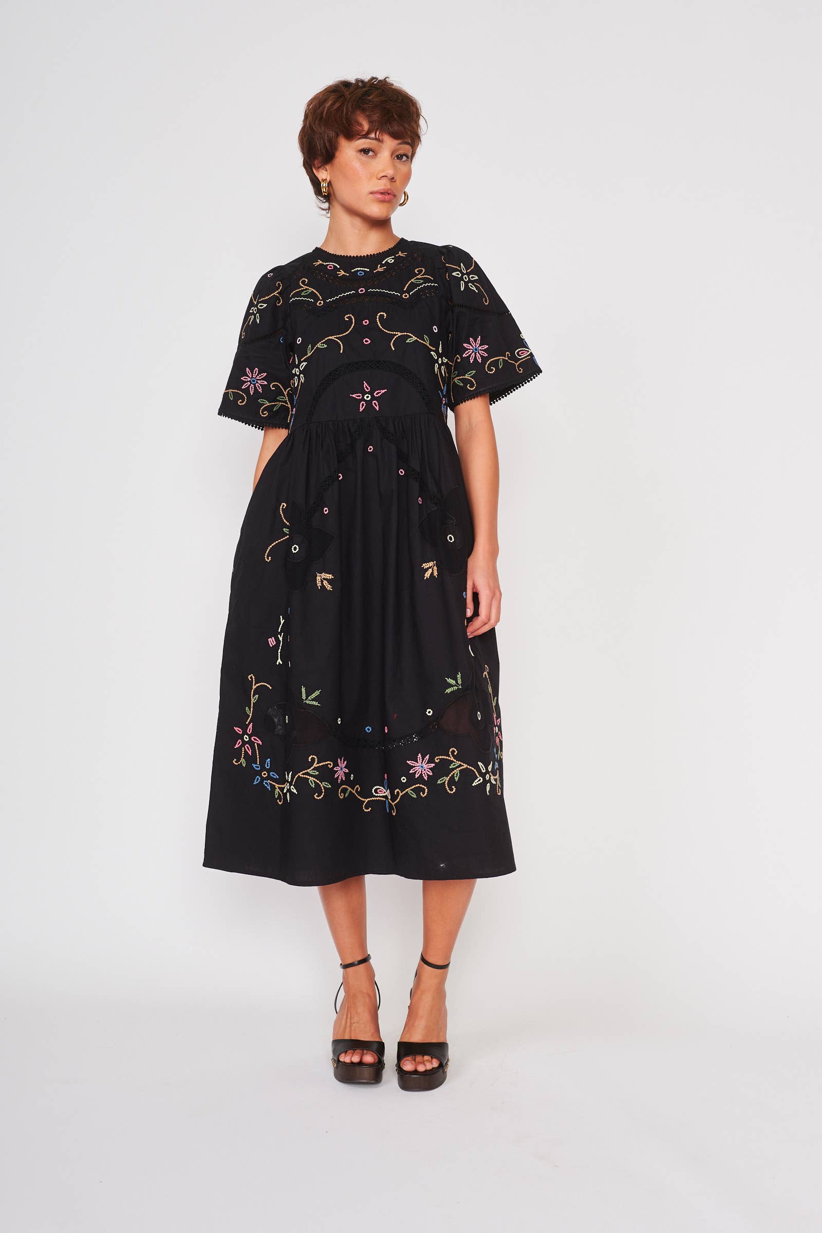 BLACK EMBROIDERY PALM DRESS - DS1677A for wholesale on Faire1