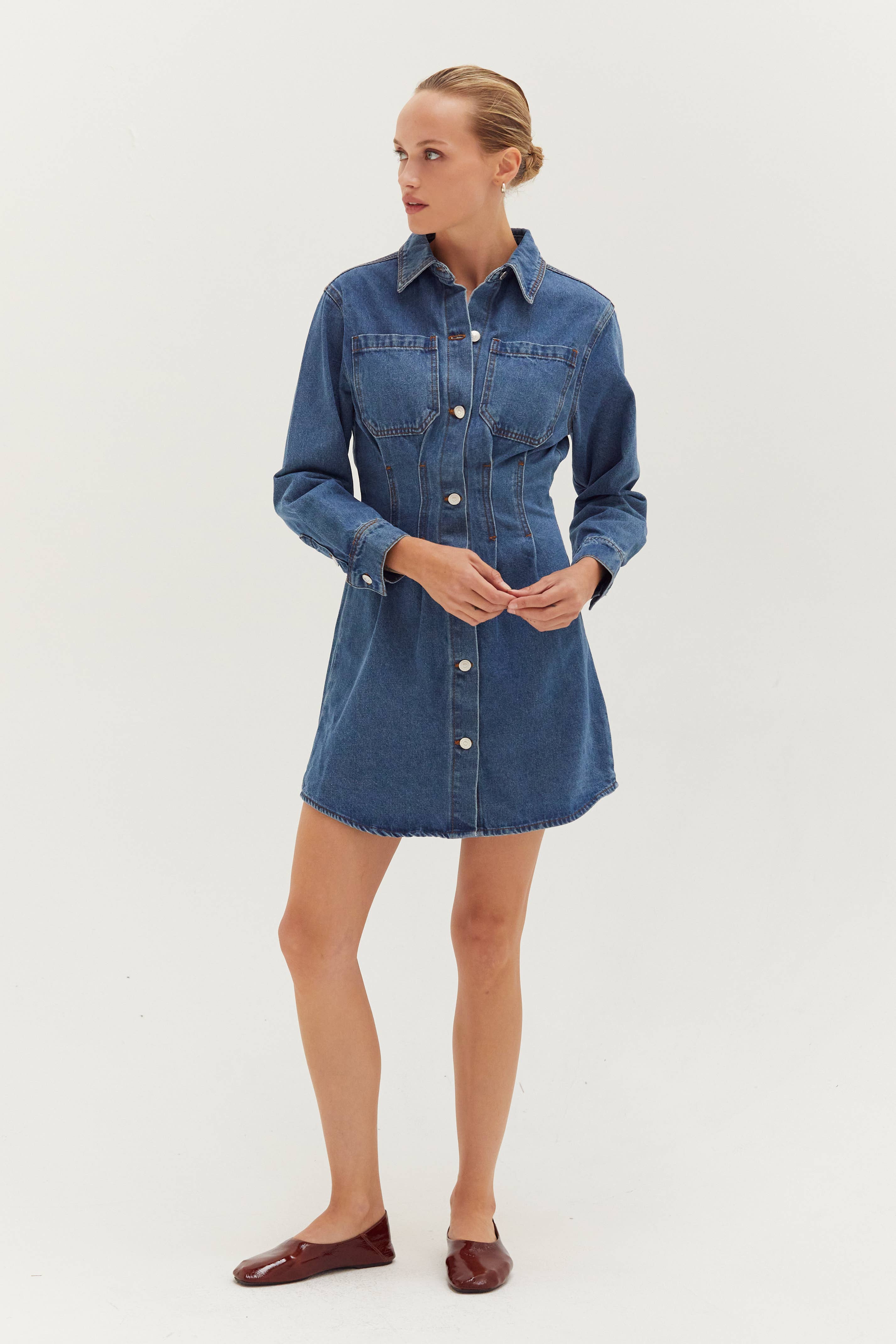 BLEU DENIM CD8796 - Robe Mini en Jean Zae avec Détail de Taille Corset en vente sur Faire5