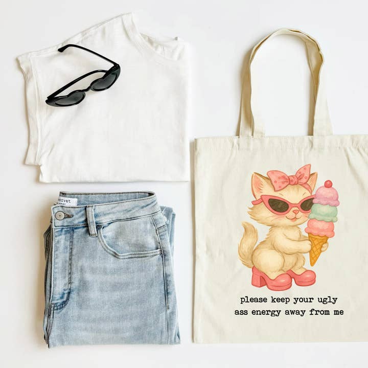 Keep Your Energy Away Funny Cat Tote Bag for Women for wholesale by Mugsby