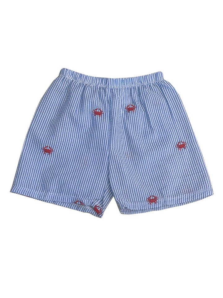 Short en seersucker bleu ardoise avec des crabes rouges pour la vente par Piping Prints