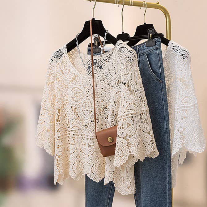 HIDDENBRAND - Wholesale T-Shirt - Women's - Bohemia Crochet Lace bell flare sleeve tee top cover up5