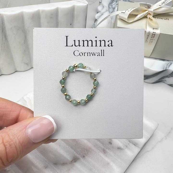 Green Aventurine Stretch Ring - Gold for wholesale by Lumina Cornwall