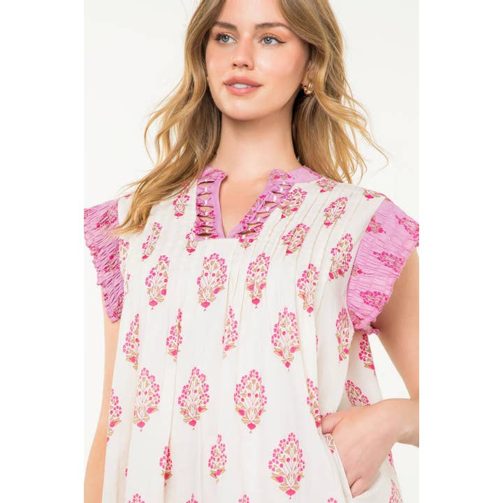 CREAM Sleeveless Pintuck Floral Print Dress for wholesale on Faire