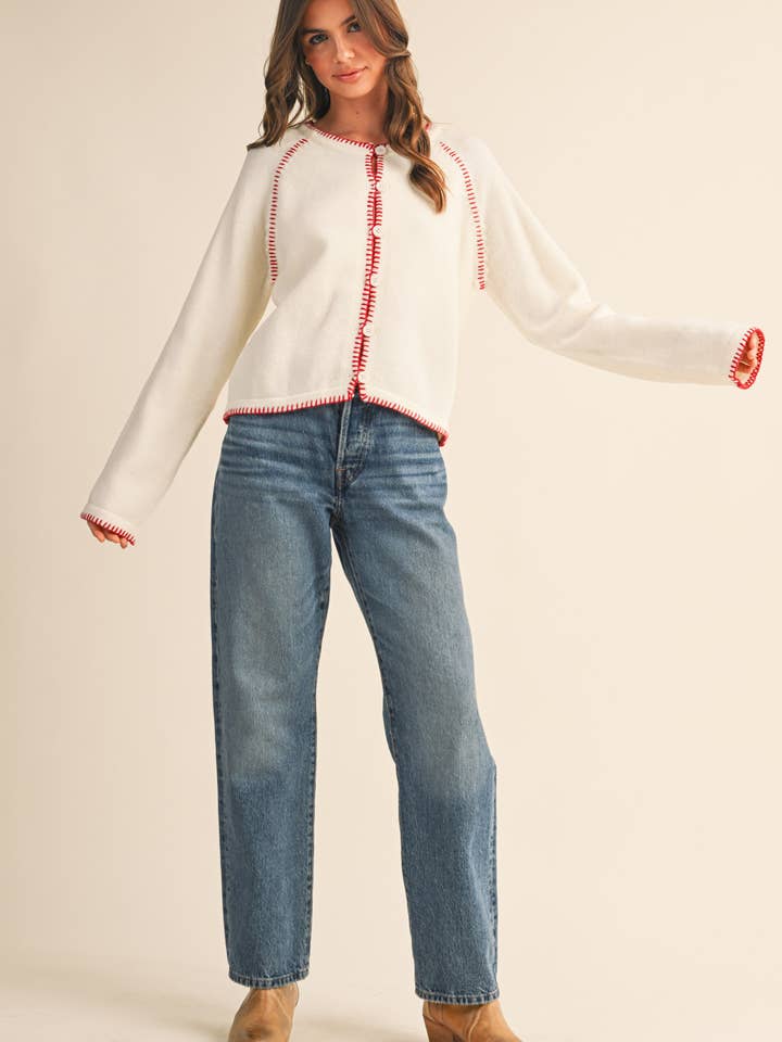 &MERCI - Wholesale Cardigan - Women's - CONTRAST BLANKET STITCH SWEATER CARDIGAN MSW1119616