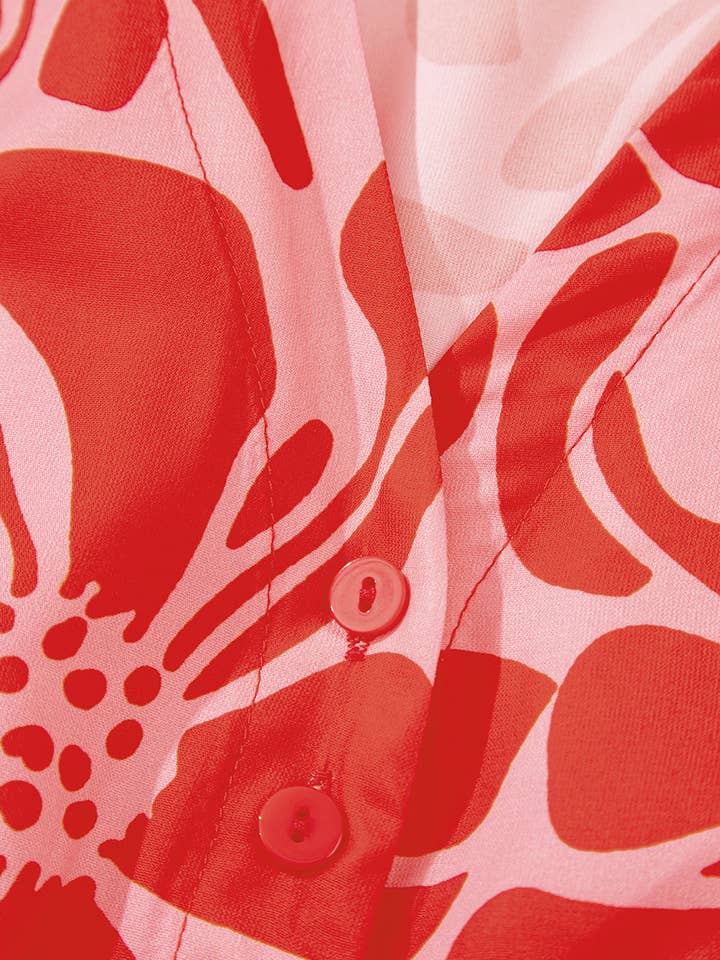 Red Boho Floral V Neck Buttoned Shirred Waist Dress for wholesale on Faire6