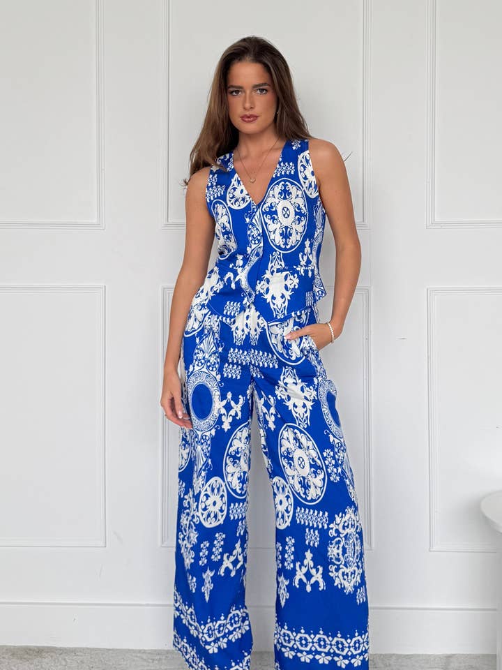 Cara Viscose Blend Printed Trouser In Cobalt for wholesale by Girl In Mind