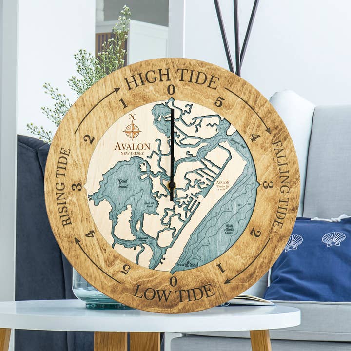 Avalon Tide Clock Nautical Wood Map - 2 Sizes for wholesale by Sea & Soul Nautical Chart Art