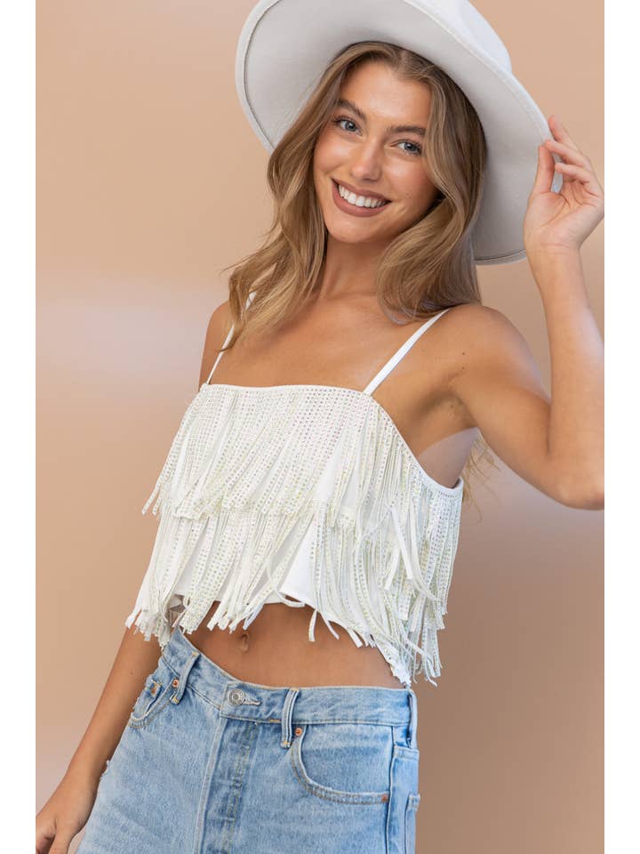 RED 32247T - Satin Base Studded Tiered Fringe Cami Top for wholesale on Faire17