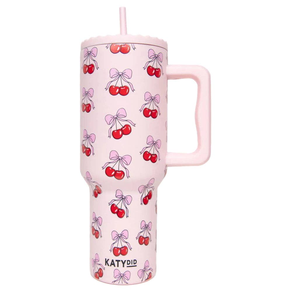 Light Pink Cherry Bow Wholesale 38 Oz Valentine's Tumbler Cup for wholesale on Faire2