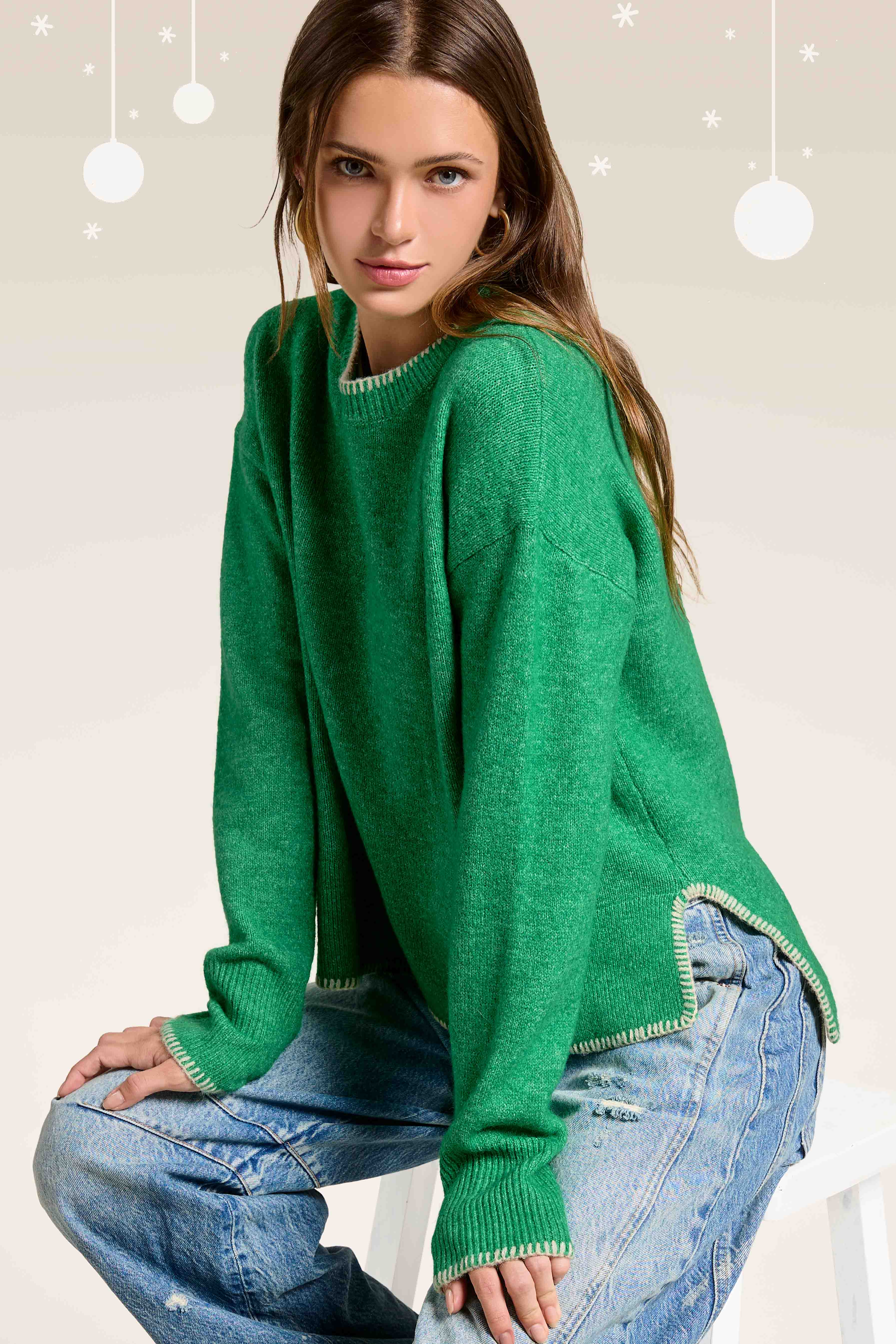 La Miel - Wholesale Knit Sweater - Women's - JDS3607-Hi-Low Crew Neck Sweater W/ Contrast Blanket Stitch31