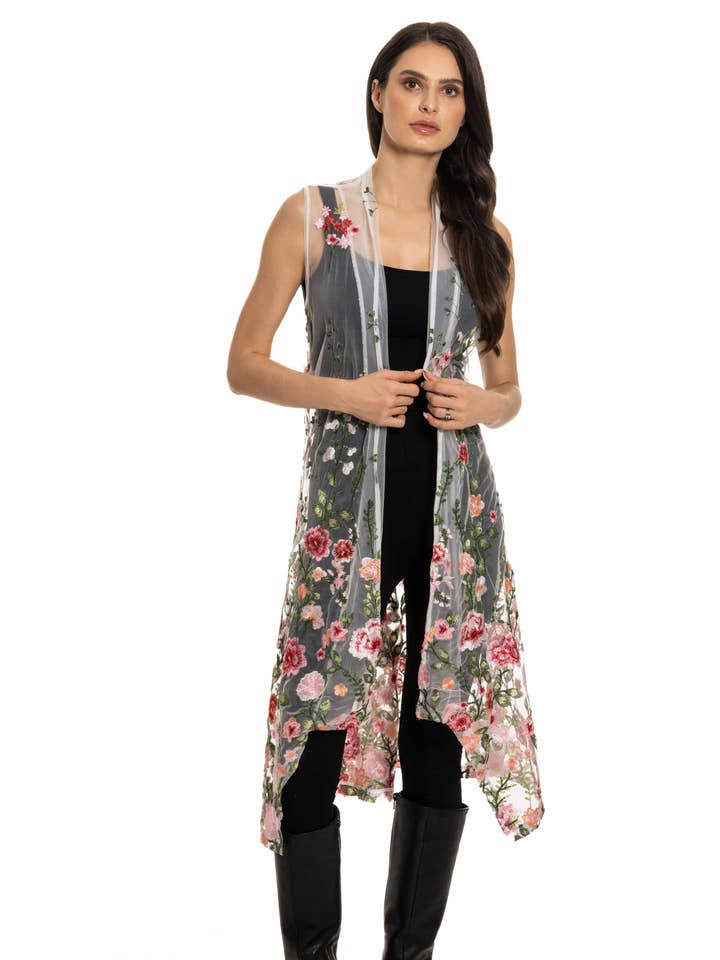 Adore - Wholesale Outerwear Vest - Women's - BA-31- Floral Embroidered Sheer Vest