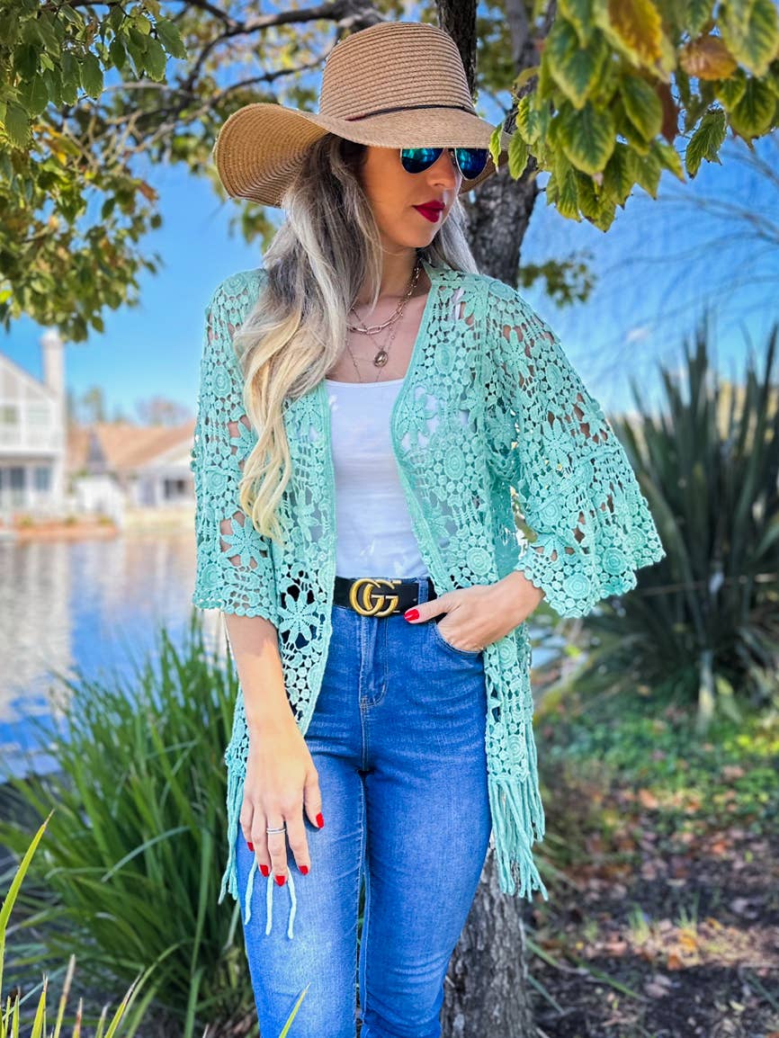 Sage Floral Crochet 3/4 Sleeve With Tassel Kimono for wholesale on Faire3
