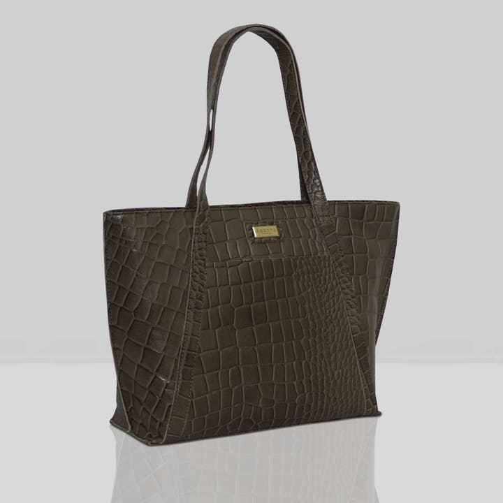 'AGNES' Olive Vintage Croc Real Leather Designer Tote Bag for wholesale by Assots London