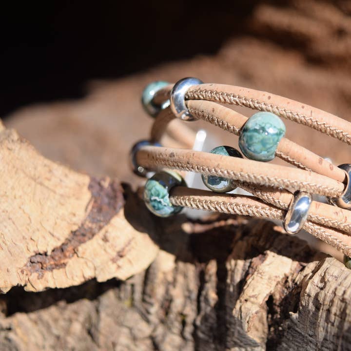 Oasis Green Beaded Cork Bracelet for wholesale by Cork Tree Designs