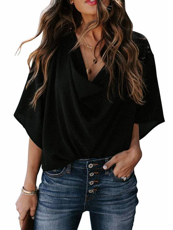 Plush Looks - Vente Chemisier – femme - T-shirt plissé original et décontracté de couleur unie