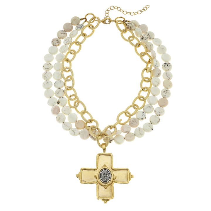Susan Shaw - Wholesale Pendant/Charm Necklace - Gold Cross with St Benedict and White Turquoise.