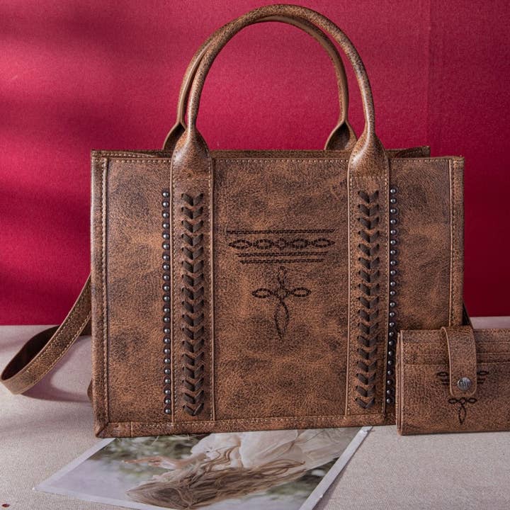 Whiskey & Lace Outfitters /The Longhorn Hippie Co. - Wholesale Tote Bag - Women's - Distressed Whipstitch Western Tote Matching Bi-Fold Wallet0