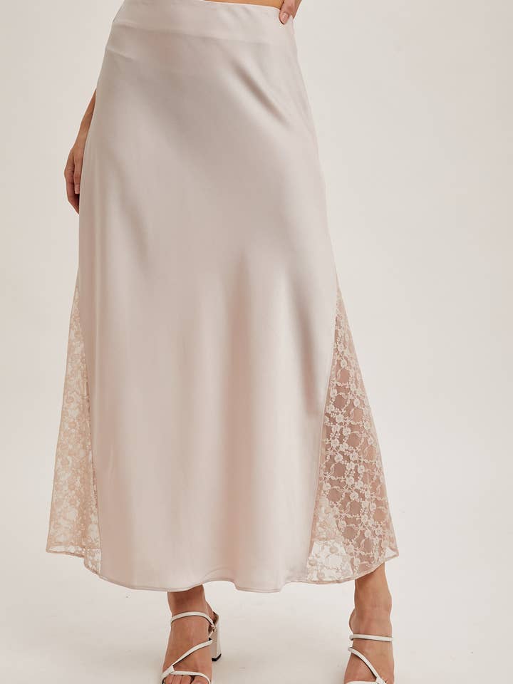 Bluivy - Wholesale Skirt - Women's - LACE TRIMMED MID-RISE SATIN MIDI SKIRT