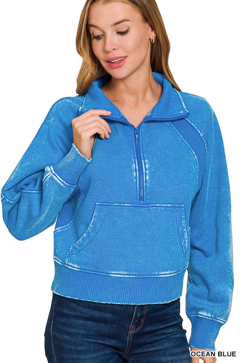 Vanilla Monkey – Sweatshirt - Mulher por atacado – Pulôver de lã com meio zíper lavado com ácido e bolso canguru4