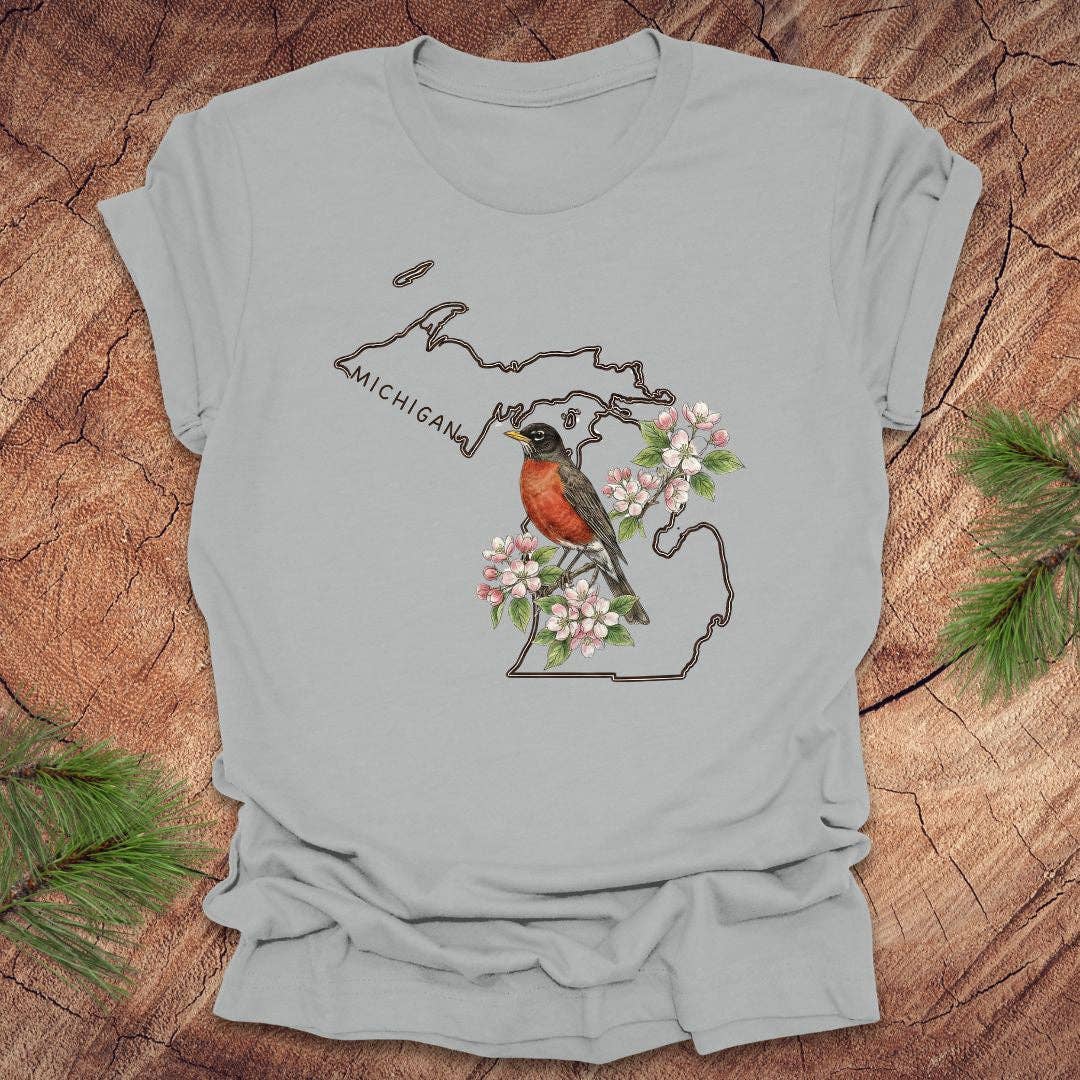 Wandering Owl Adventure Co. - Wholesale Screen Printed T-Shirt - Women's - Michigan Robin and Apple Blossom Tee2