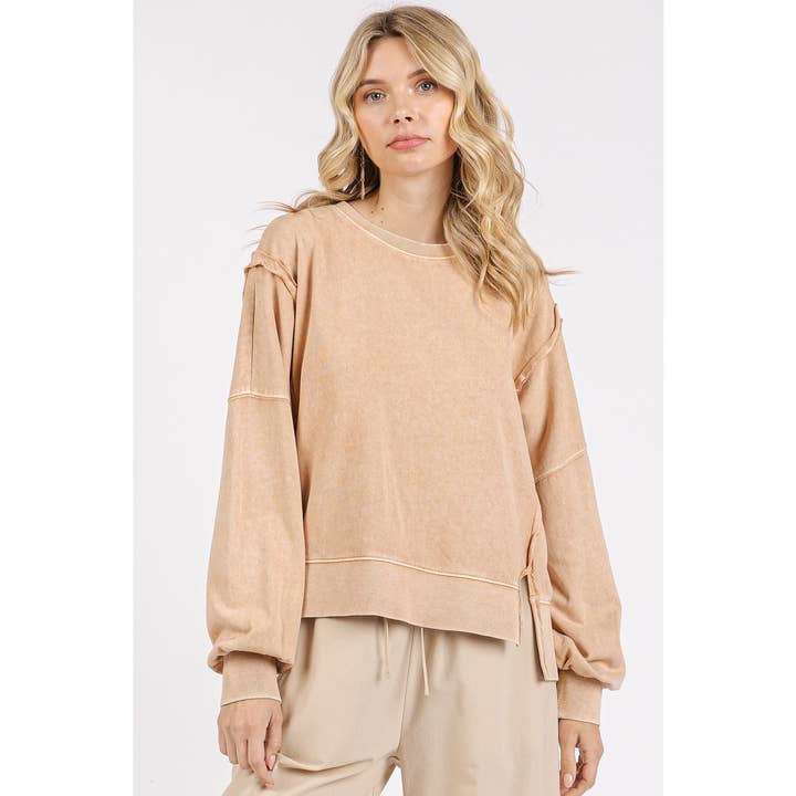 mittoshop - Wholesale Knit Top - Women's - MINERAL WASH STEP HEM CREW NECK LONG SLEEVE TOP