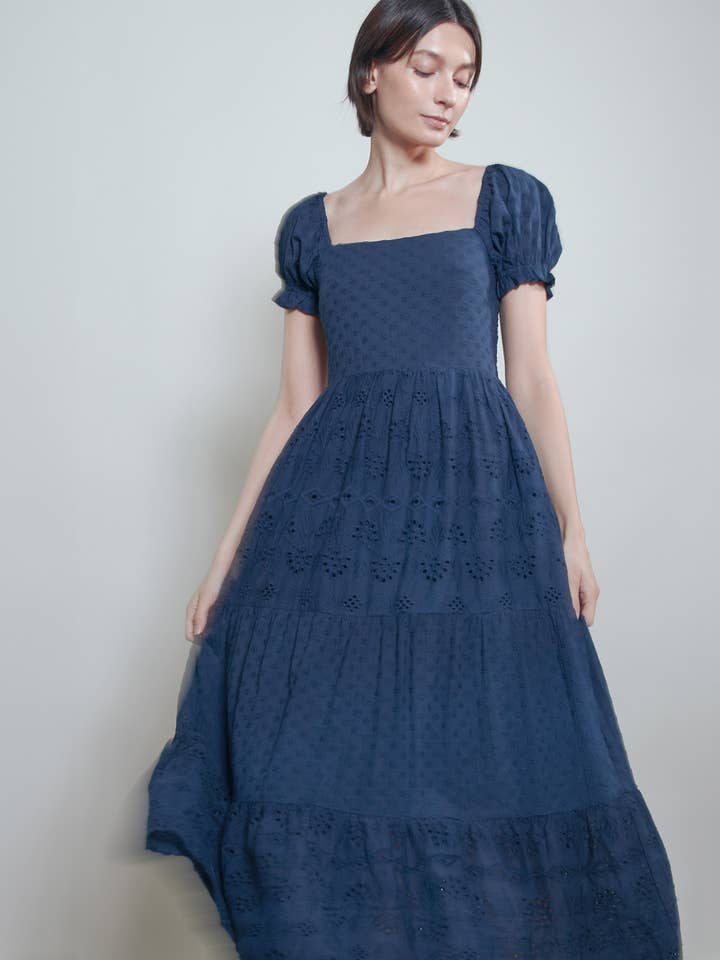 Embroidered Eyelet Wide Flare Lace Cotton Maxi Dress for wholesale by Elloh Collection