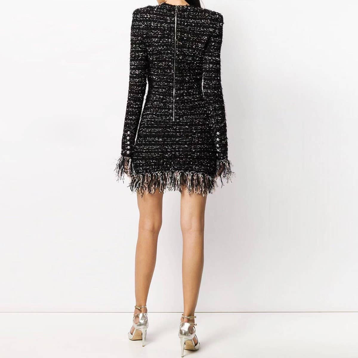 Black DR062 Women Shiny Detail Tweed Fringed Dress for wholesale on Faire2