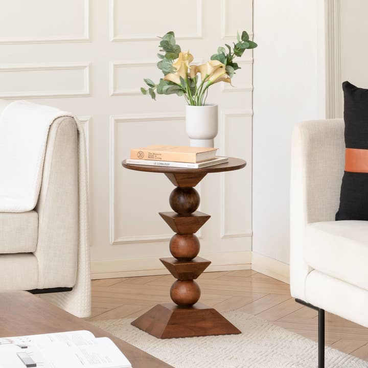 Gino Walnut Solid Wood Round Accent Side Table for wholesale by MH London
