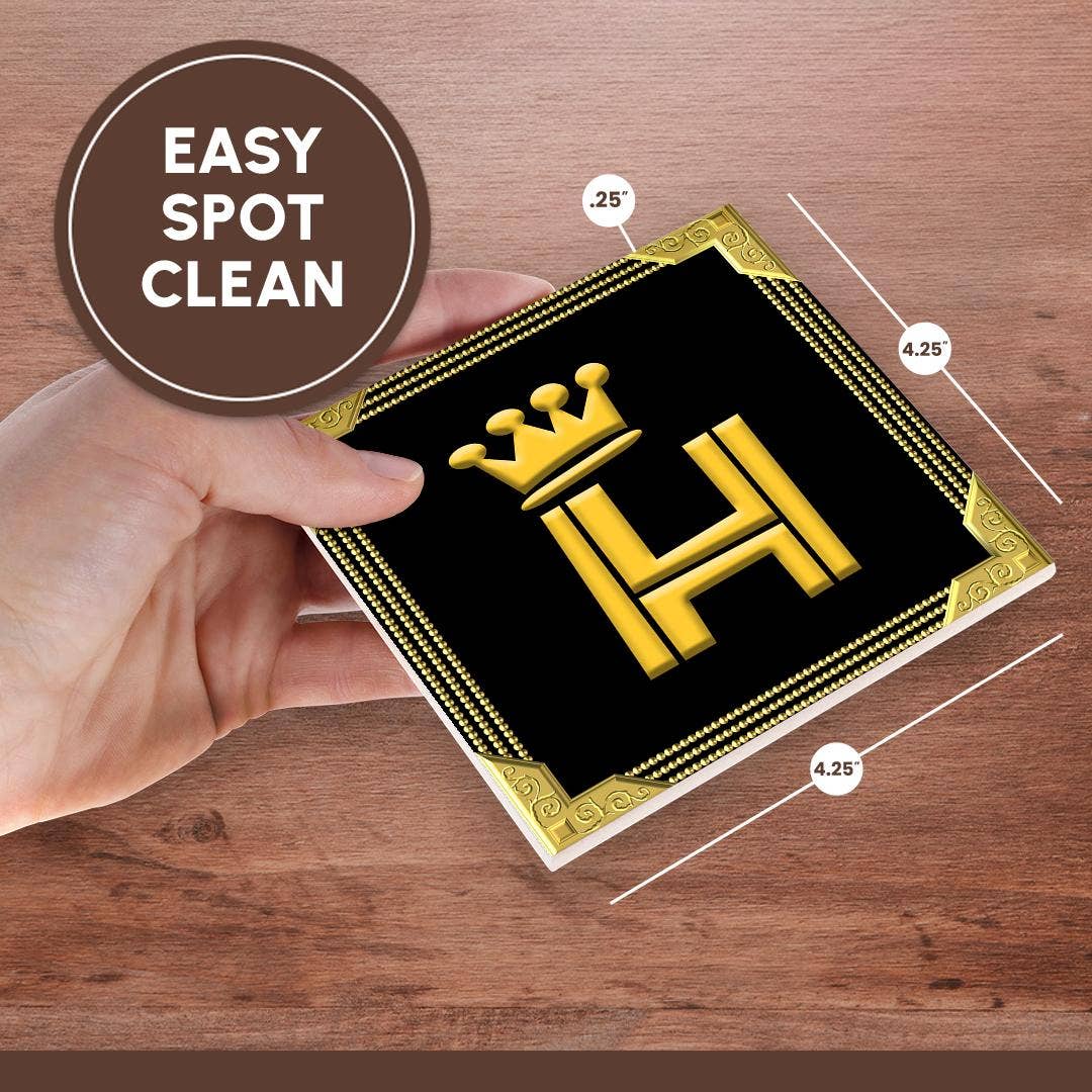 3dRose – wholesale Coasters – 3dRose, King, queen crown, rich frame. Yellow on black. Handsome letter H, Coaster6