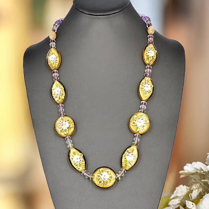 Gold Floral Coin Necklace with Green Amethyst, Rose Quartz and Tourmaline and Sterling Silver Clasp for wholesale by Viktoria Simonë