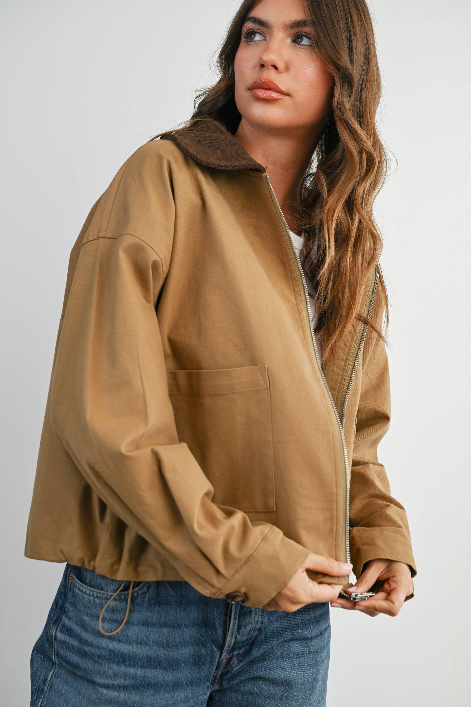 BUTTERMELON - Wholesale Jacket - Women's - Collared Zip-Up Drawstring Jacket - BMJ78255