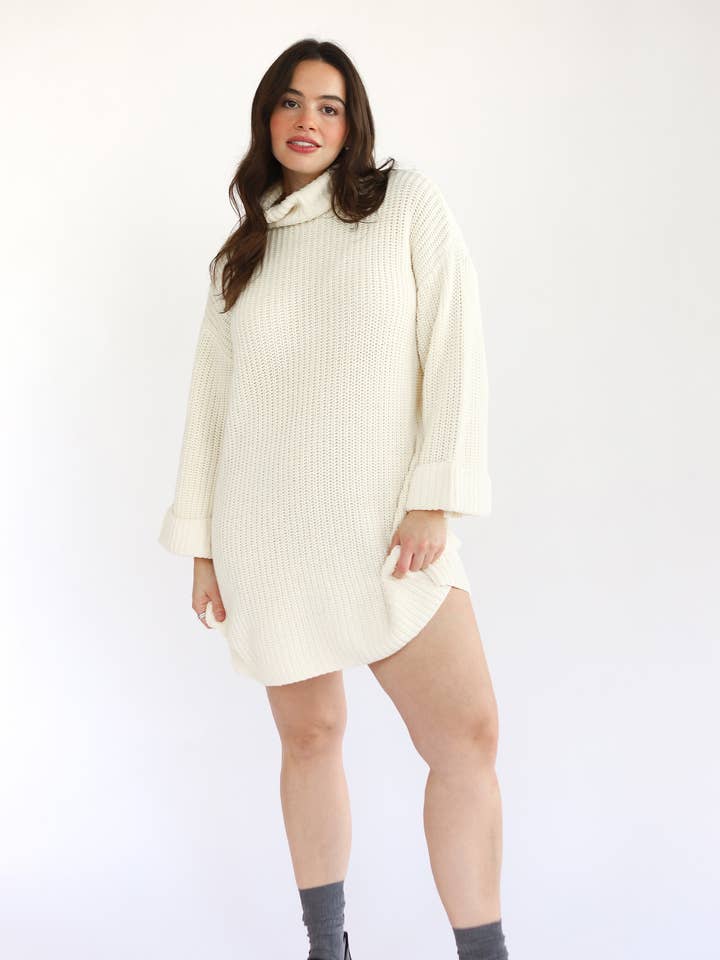 Baggy Turtleneck Mini Dress - Creme for wholesale by Callahan Knitwear