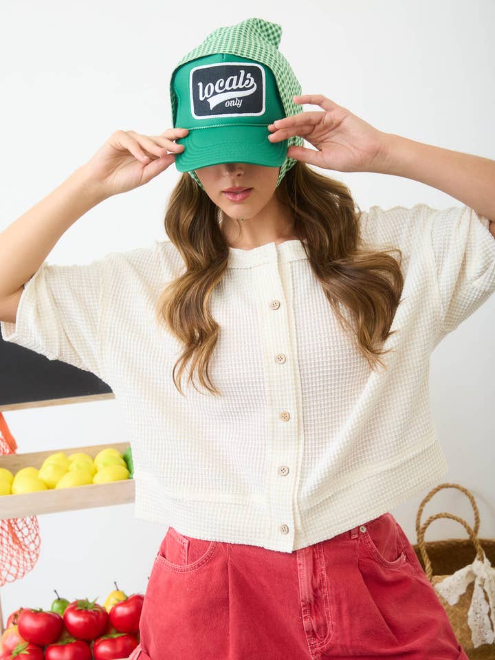 WAFFLE KNIT BUTTON DOWN SHORT SLEEVE CARDIGAN for wholesale by Blu Pepper