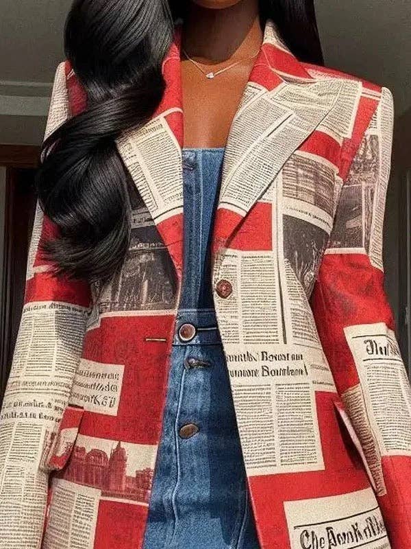 RED WHITE Long Sleeves Jacket Loose Buttoned Newspaper Print Pockets Split-Joint Notched Collar Blazer Outerwear for wholesale on Faire