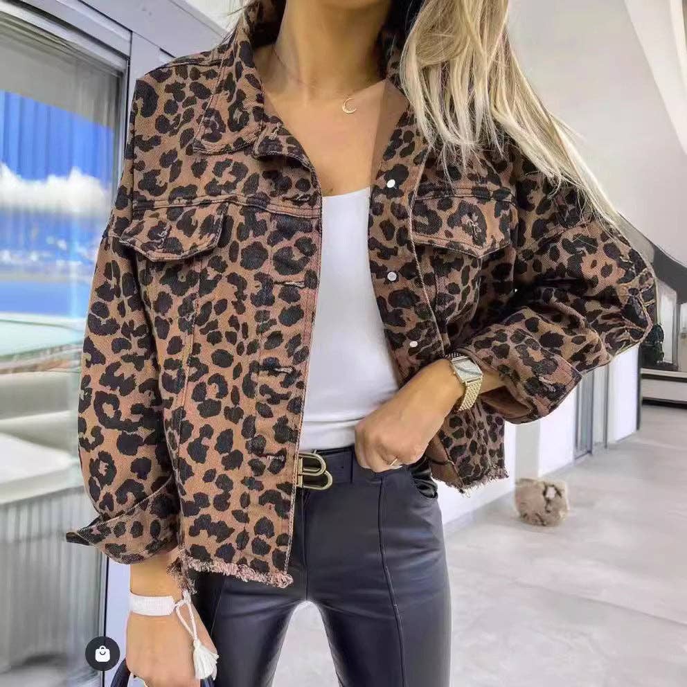 Women's Oversized Long Sleeve Leopard Denim Jacket for wholesale on Faire4